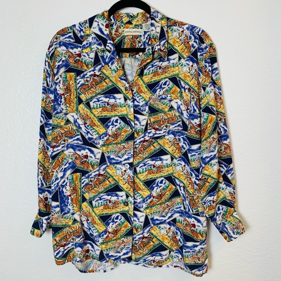 Vintage Banana Republic Button Up Shirt Medium Equestrian Horse Print Preppy - Picture 2 of 15